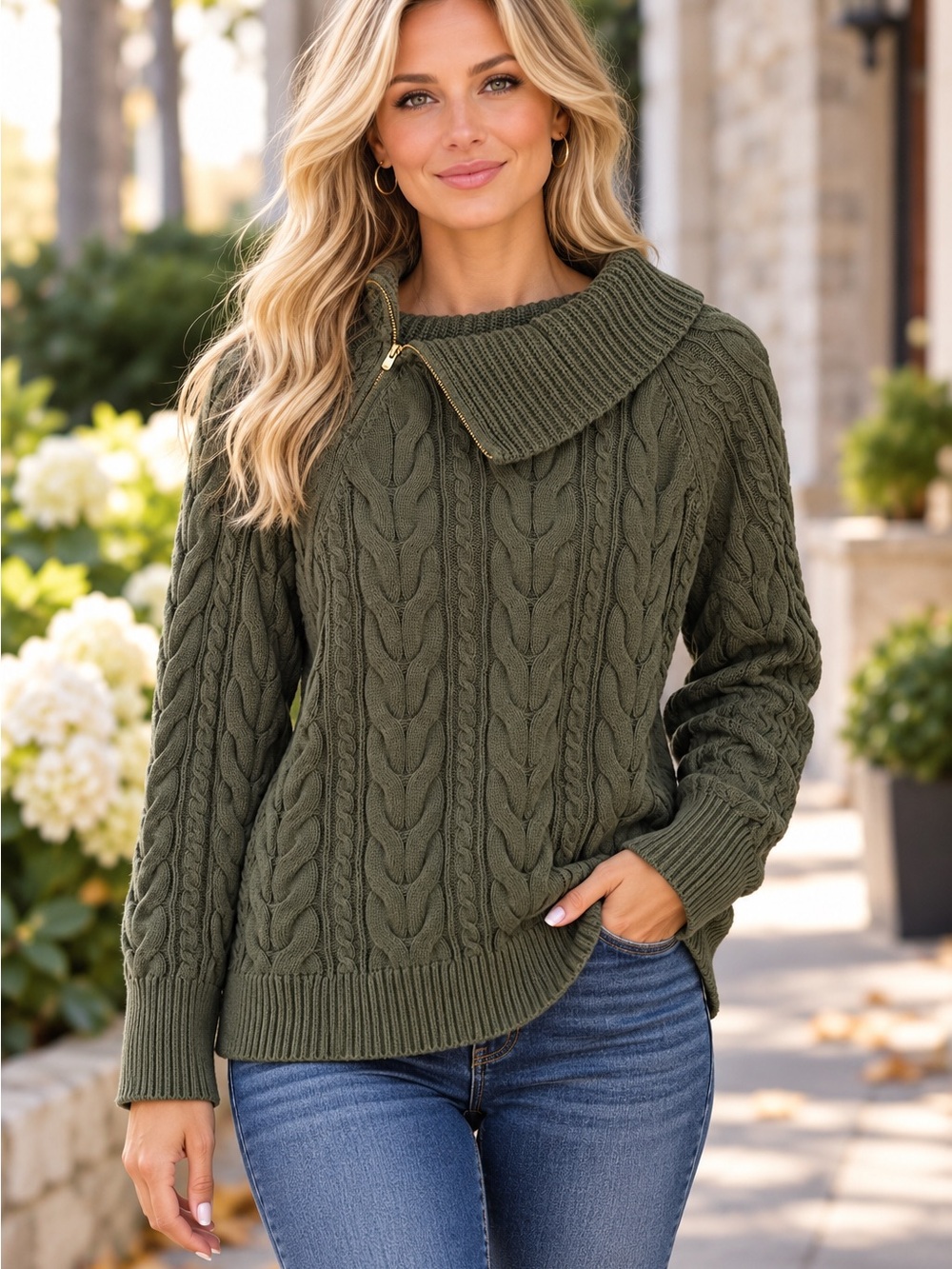 St Johnâs Bay Womens M Green Cable Knit Cowl Neck Zip Pullover Sweater Cabincore